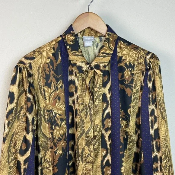 Chicos Sz 3 16/18 Long Sleeve Button Up Shirt Animal Floral Boho Gold Black Blue - Picture 2 of 9